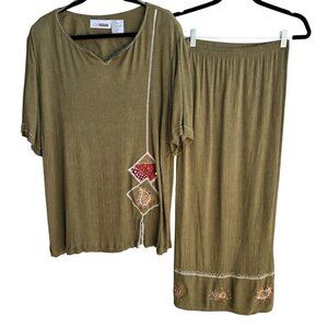 C.M. Shapes Vintage Womens Olive Green 2-Piece Embroidered Shirt Skirt Set 3X